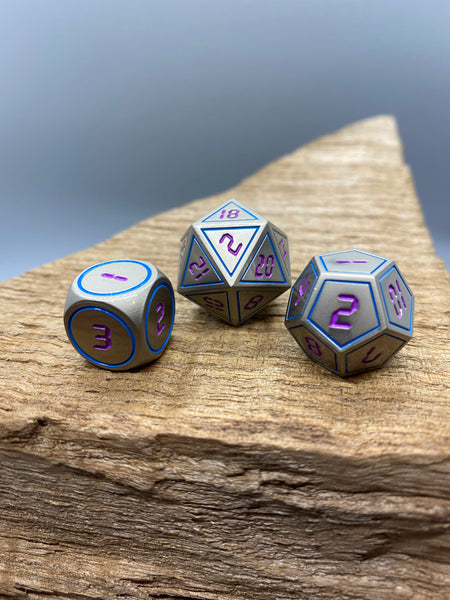 Silver and Purple Metal Polyhedral Dice Set.   Complete set.