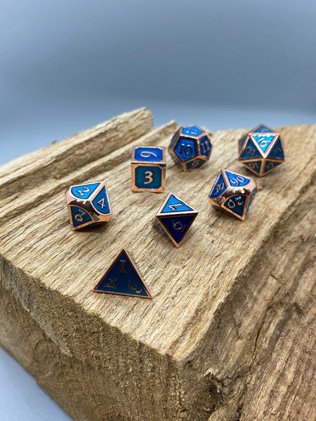 Copper and Blue Metal Polyhedral Dice Set.   Complete set. - BeausBricks