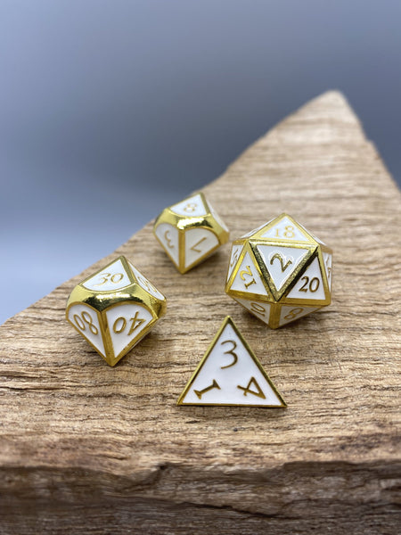 Gold and White Metal Polyhedral Dice Set.   Complete set. - BeausBricks