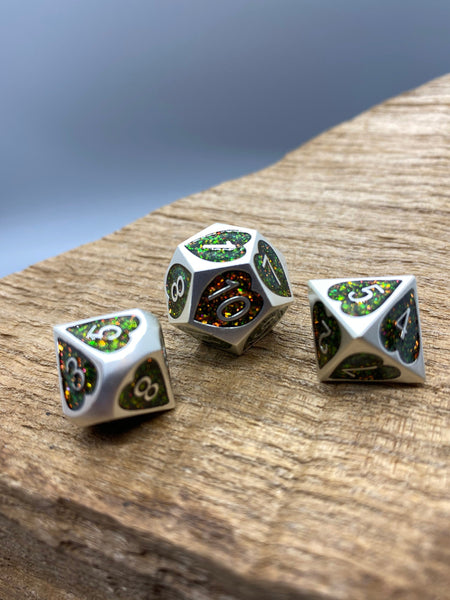 Silver with Red and Green Glitter Metal Polyhedral Dice Set.   Complete set.