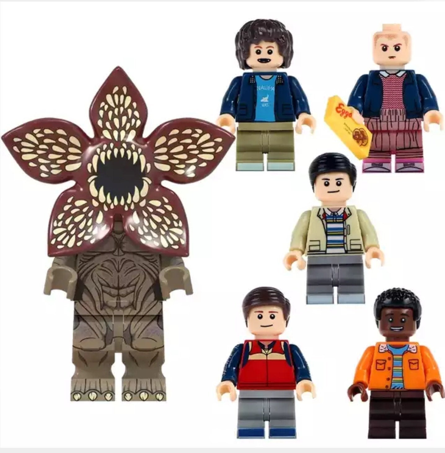 Stranger Things 6 Pack.  Demogorgan, Mike, Eleven, Dustin, Lukas, and Will.  Custom minifigures.    Brand new in package.