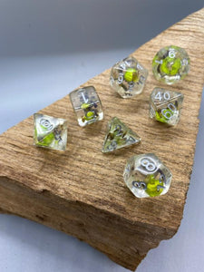 Lavender and Green with Real Flowers Polyhedral Resin Dice Set.   Complete set. - BeausBricks