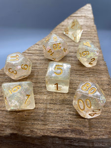 Glitter Silver Stars Gold Ink Polyhedral Resin Dice Set.   Complete set. - BeausBricks