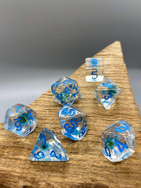 Blue Flower Polyhedral Resin Dice Set.   Complete set. - BeausBricks