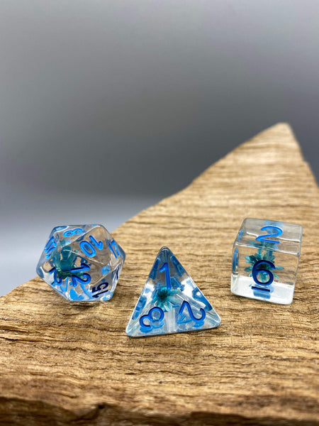 Blue Flower Polyhedral Resin Dice Set.   Complete set. - BeausBricks
