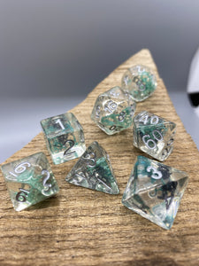 Lavender and Blue with Real Flowers Polyhedral Resin Dice Set.   Complete set. - BeausBricks