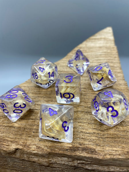 Purple Ink with Real Wheatgrass Polyhedral Resin Dice Set.   Complete set.