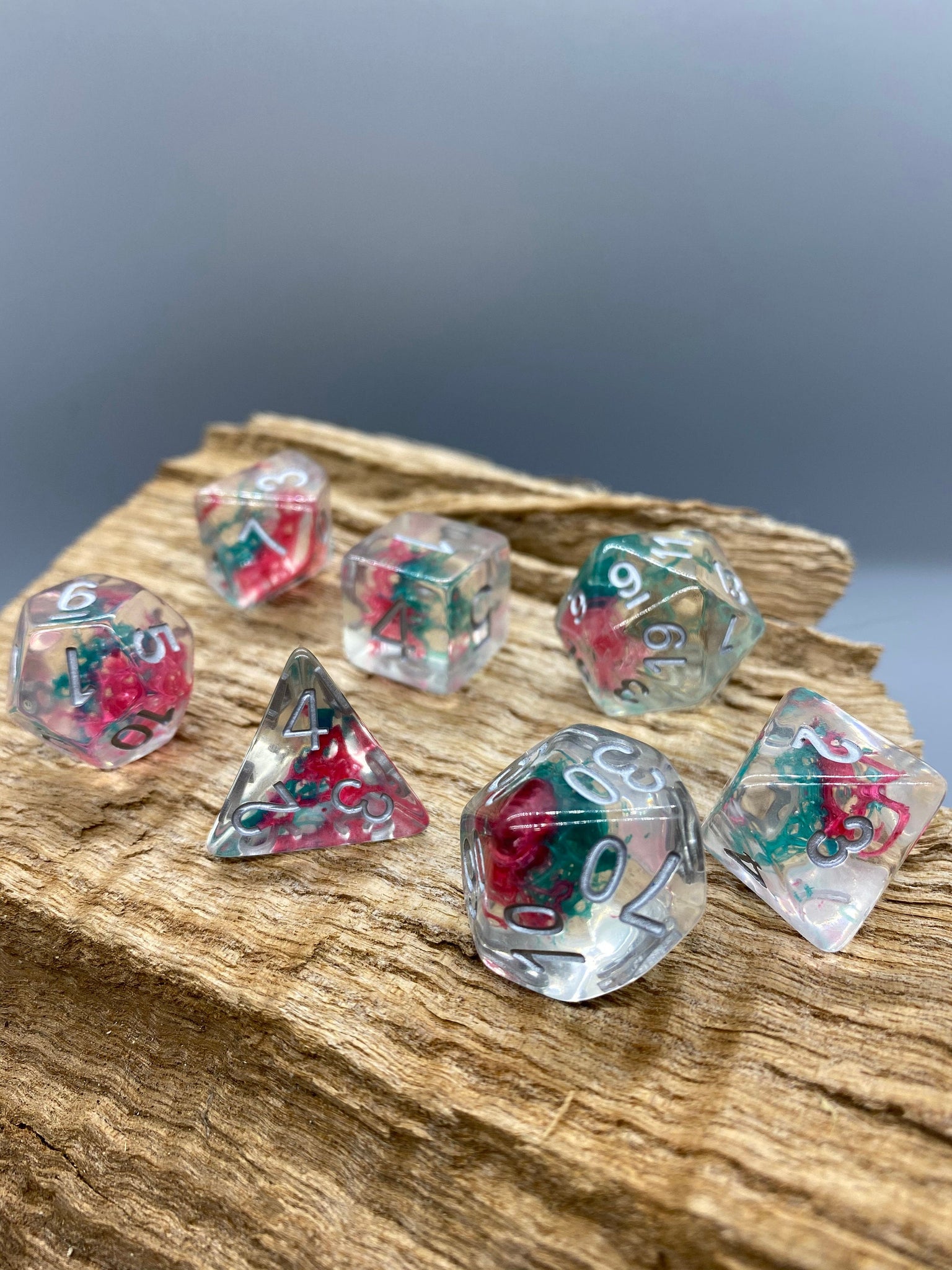 Red and Green Moss Polyhedral Resin Dice Set.   Complete set.