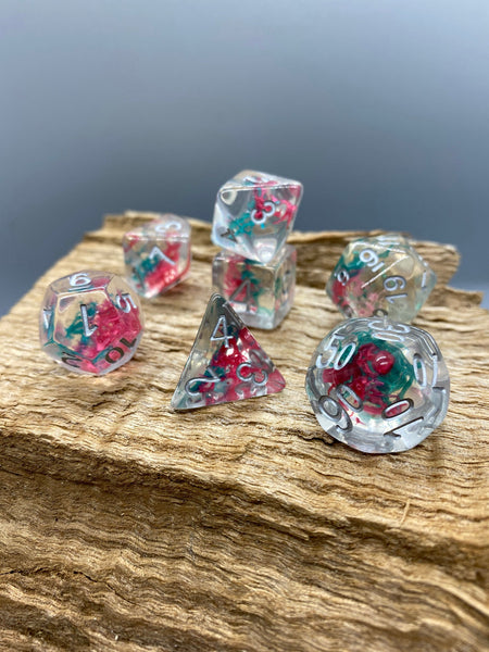 Red and Green Moss Polyhedral Resin Dice Set.   Complete set.