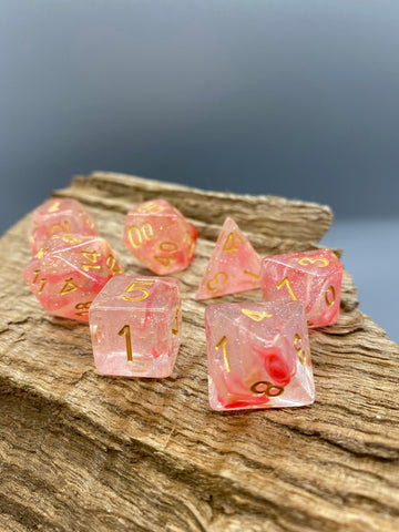 Peach Swirl with Glitter Polyhedral Resin Dice Set.   Complete set.