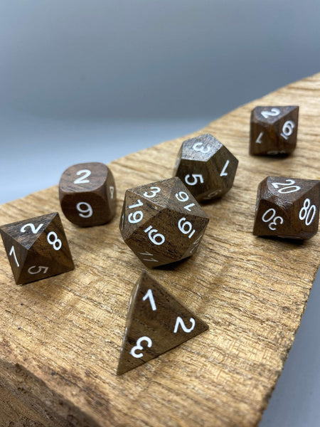 Ebony Wood with White Numbers Polyhedral Dice Set.   Complete set. - BeausBricks
