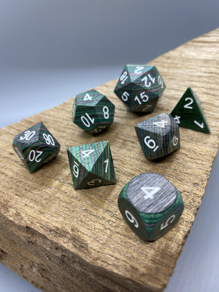 Green and Gray Wood Polyhedral Dice Set.   Complete set. - BeausBricks