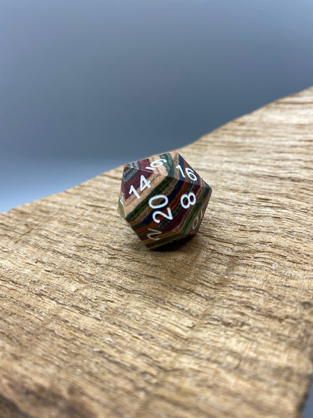 Orange, Yellow, and Blue Wood Polyhedral Acrylic Dice Set.   Complete set.