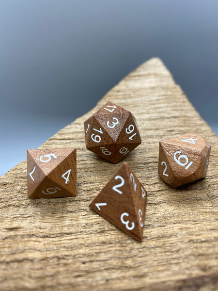 Rose Wood with White Ink Polyhedral  Dice Set.   Complete set.
