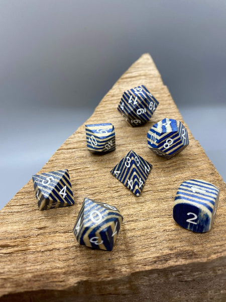 Blue Wood with White Stripe Polyhedral Acrylic Dice Set.   Complete set. - BeausBricks