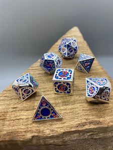 Silver and Blue Gear Mechanical Metal Polyhedral Dice Set.   Complete set.