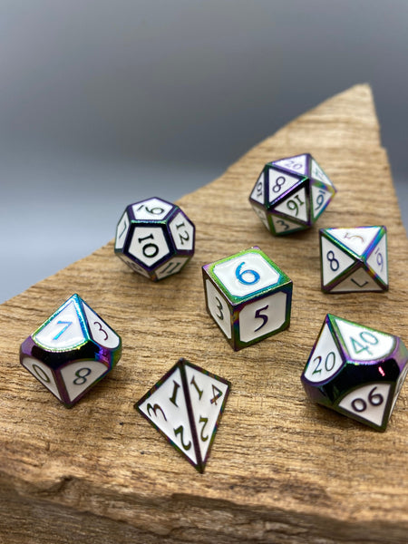 White Rainbow Metal Polyhedral Acrylic Dice Set.   Complete set.