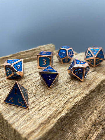 Copper and Blue Metal Polyhedral Dice Set.   Complete set. - BeausBricks