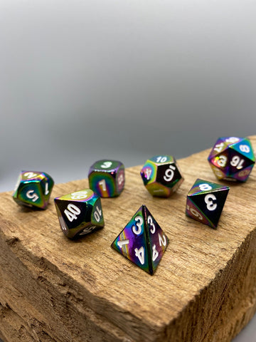 Rainbow with White numbers Metal Polyhedral Dice Set.   Complete set.