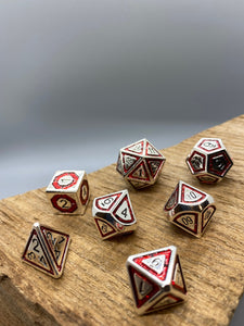 Silver and Red Metal Polyhedral Dice Set.   Complete set.