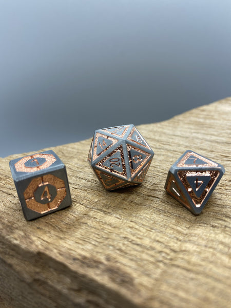 Matte with Copper Outline Metal Polyhedral Dice Set.   Complete set.