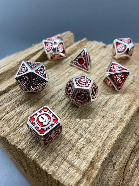 Metal Silver and Red Mechanical Gear Polyhedral Dice Set.   Complete set.