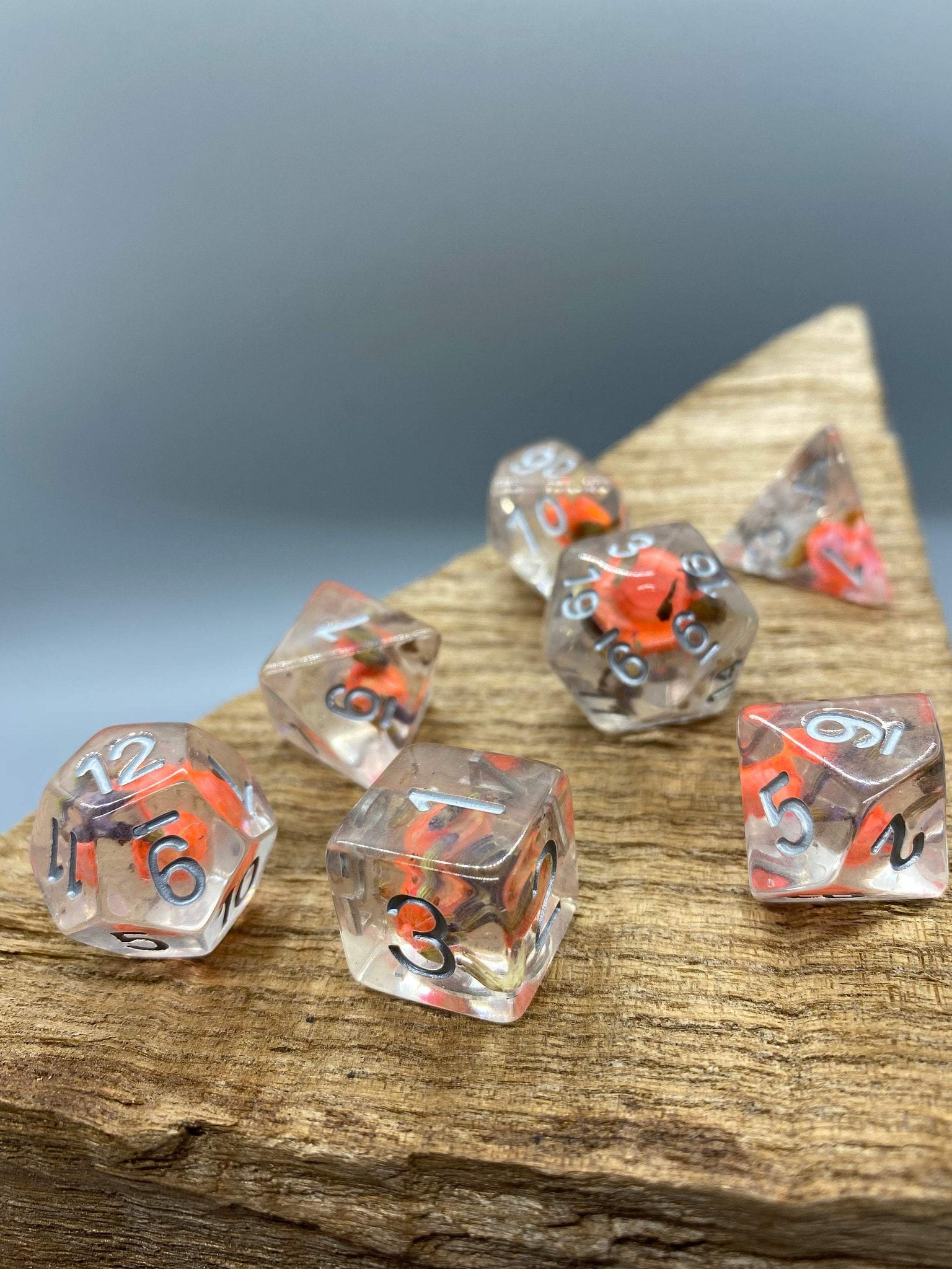 Lavender and Orange with Real Flowers Polyhedral Resin Dice Set.   Complete set. - BeausBricks