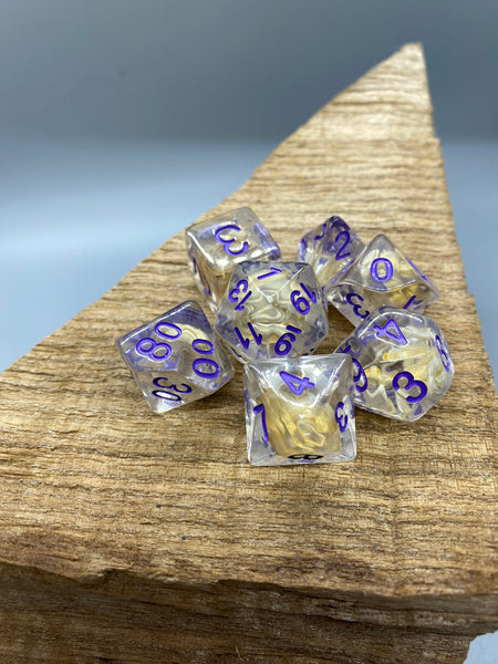 Purple Ink with Real Wheatgrass Polyhedral Resin Dice Set.   Complete set.