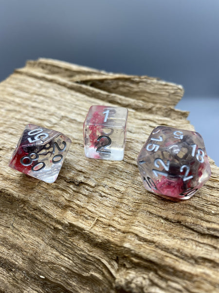 Black and Red Moss Polyhedral Resin Dice Set.   Complete set. - BeausBricks