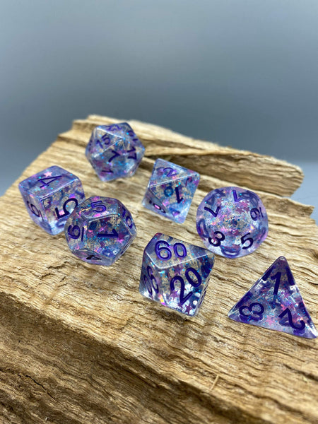Blue Glitter with Purple Stars Polyhedral Resin Dice Set.   Complete set. - BeausBricks