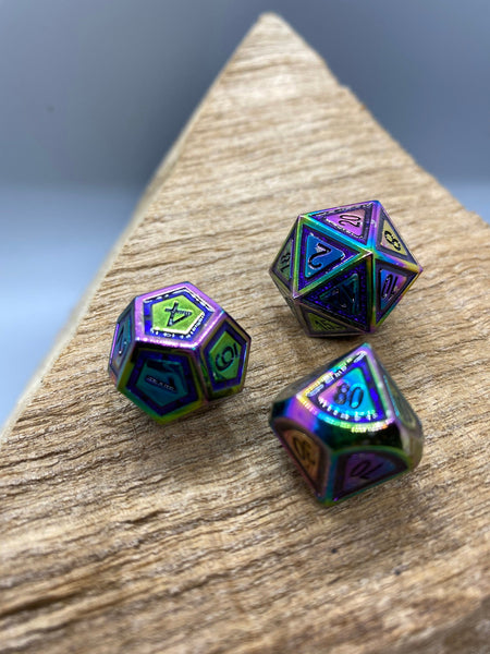 Rainbow Metal Polyhedral Dice Set.   Complete set.