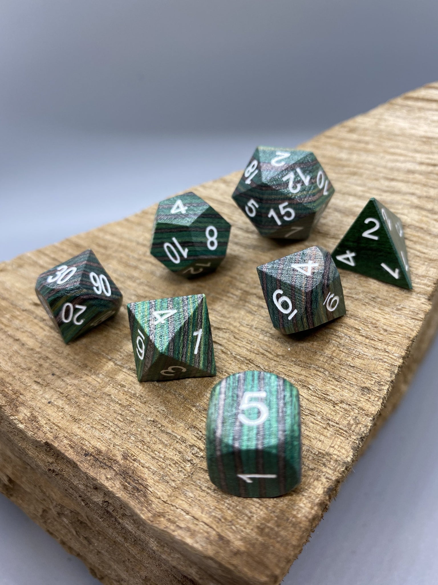 Green and Gray Wood Polyhedral Dice Set.   Complete set. - BeausBricks
