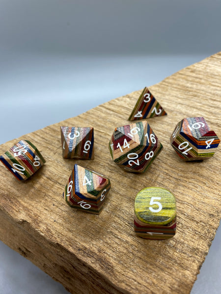 Orange, Yellow, and Blue Wood Polyhedral Acrylic Dice Set.   Complete set.