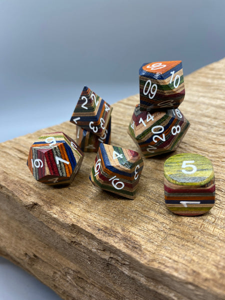 Orange, Yellow, and Blue Wood Polyhedral Acrylic Dice Set.   Complete set.