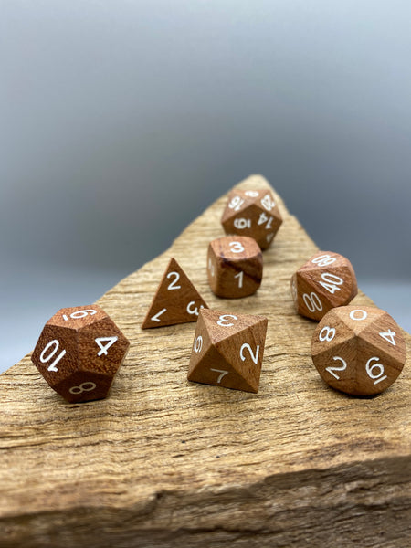 Rose Wood with White Ink Polyhedral  Dice Set.   Complete set.