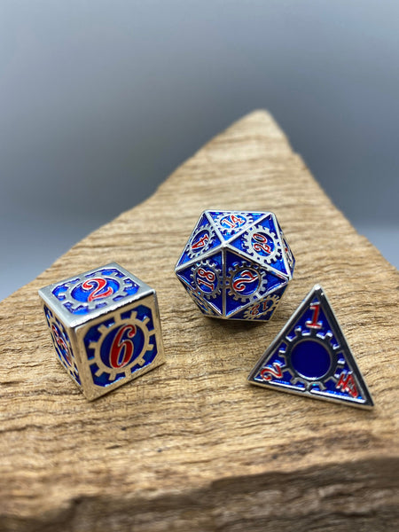 Silver and Blue Gear Mechanical Metal Polyhedral Dice Set.   Complete set.