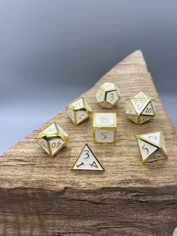 Gold and White Metal Polyhedral Dice Set.   Complete set. - BeausBricks