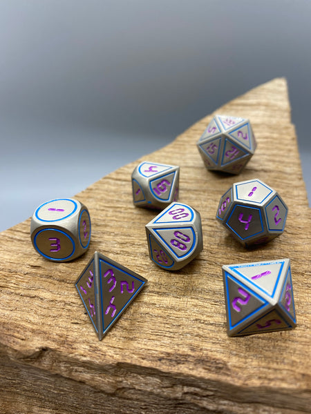 Silver and Purple Metal Polyhedral Dice Set.   Complete set.