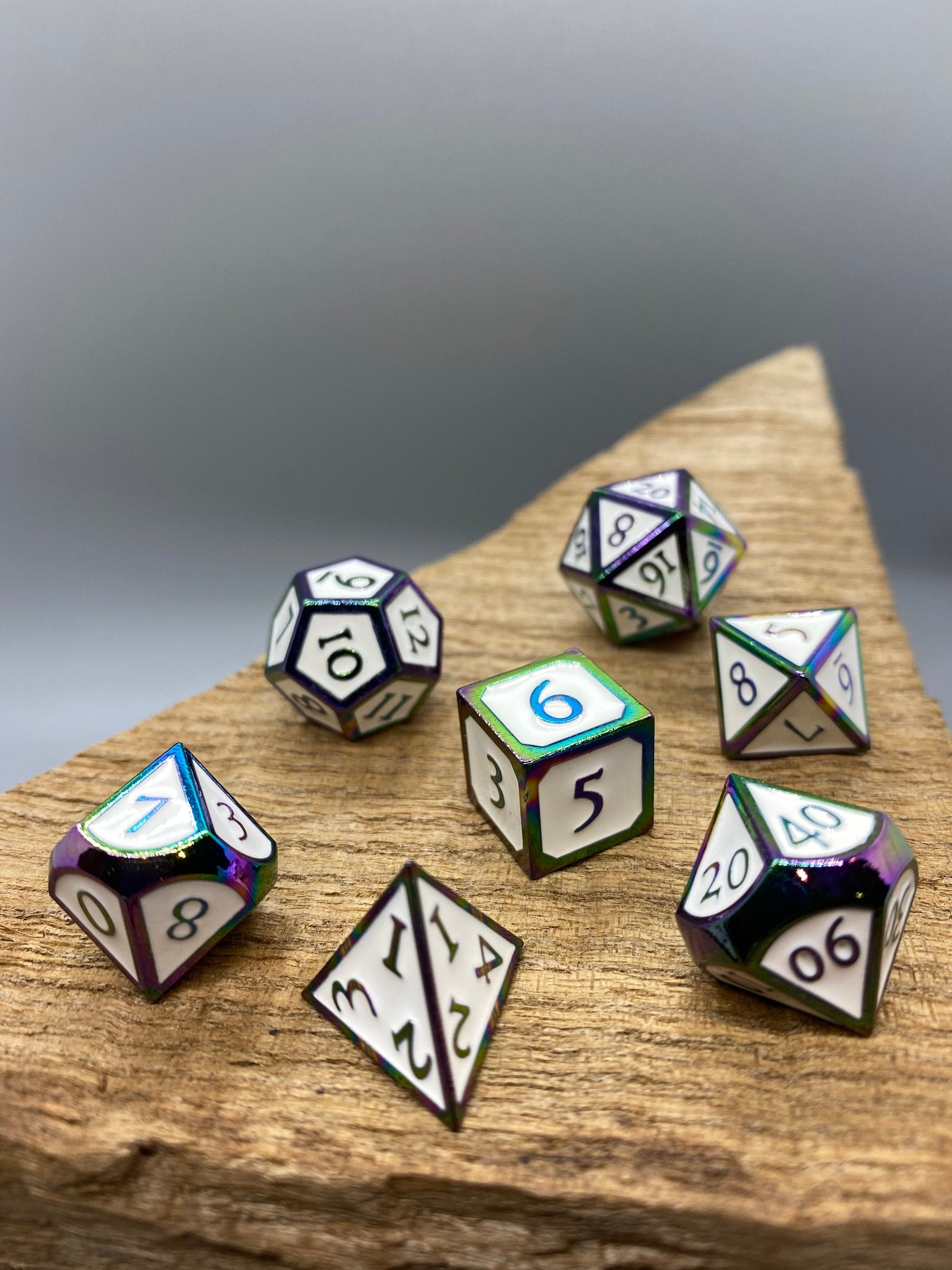 White Rainbow Metal Polyhedral Acrylic Dice Set.   Complete set.