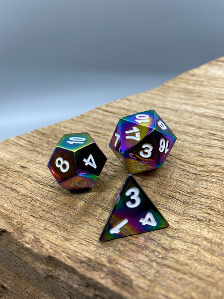 Rainbow with White numbers Metal Polyhedral Dice Set.   Complete set.