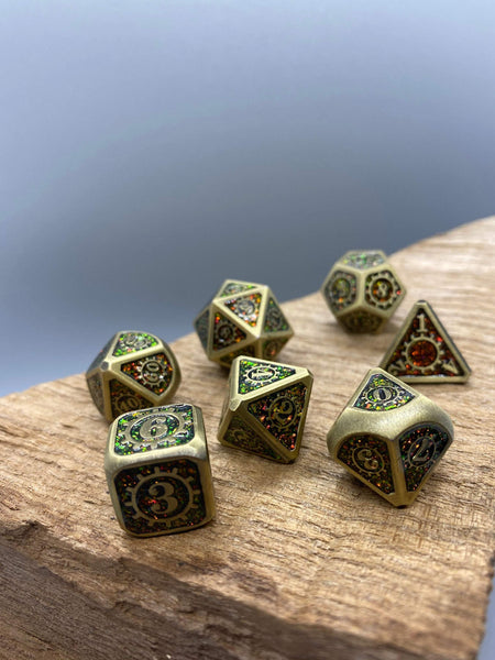 Bronze with Red Glitter Metal Polyhedral Dice Set.   Complete set. - BeausBricks